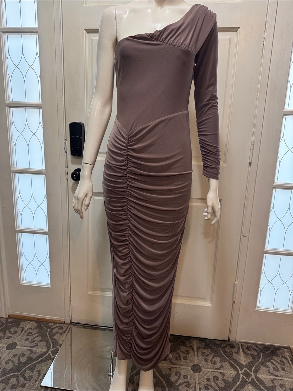 Club L London Brown Ruched Twist Bardot Maternity Midi Dress One-Shoulder S-8 A3
